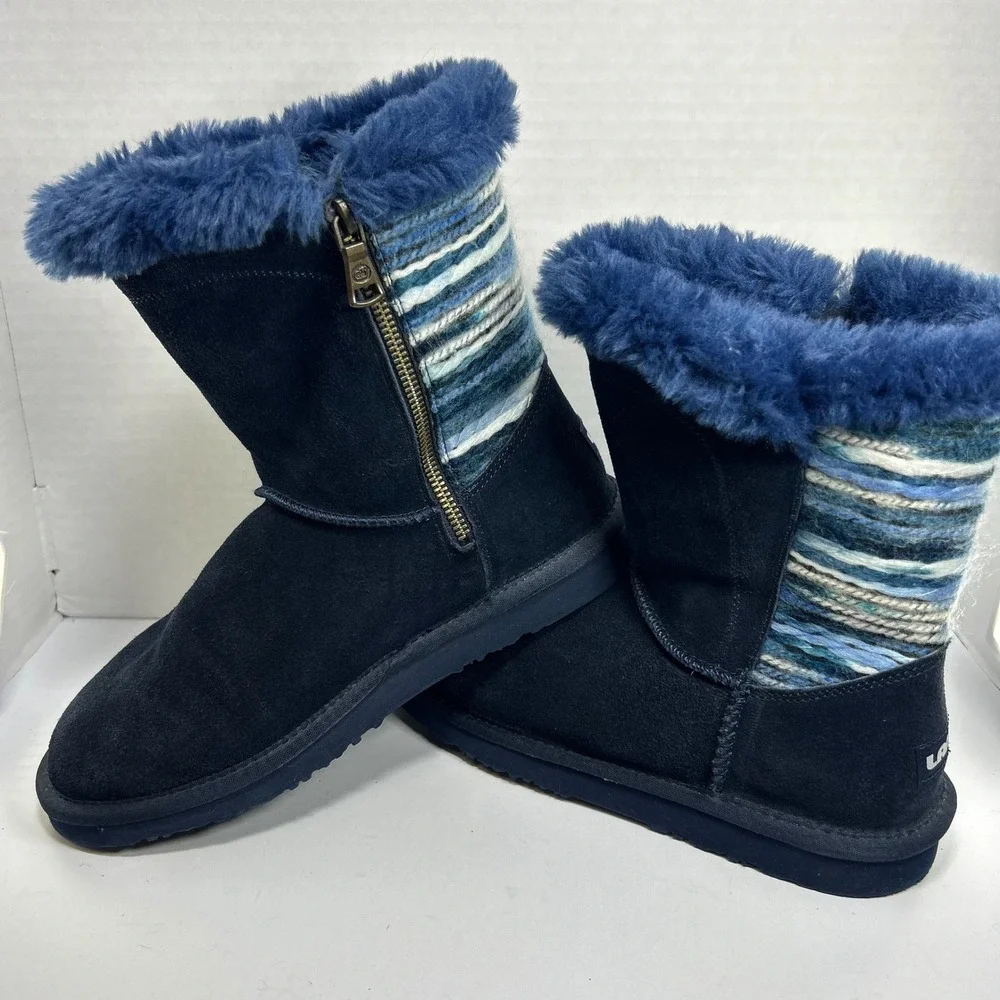 Lamo Après-ski Winter Boots Size 8 Suede Knit Faux Fur Cozy Cabin Blue